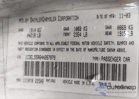 2004 Chrysler Sebring Lxi из США, поврежденный, VIN 1C3EL55R64N267979